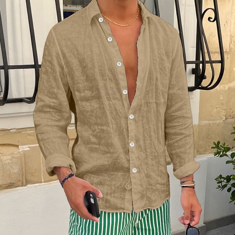 Camisa de lino camisa Summer camisa Beach camisa Plain casual para uso diario Black White Pink Royal Blue de manga larga solapa Spring & Summer Clothing Apparel para hombre - vista 9