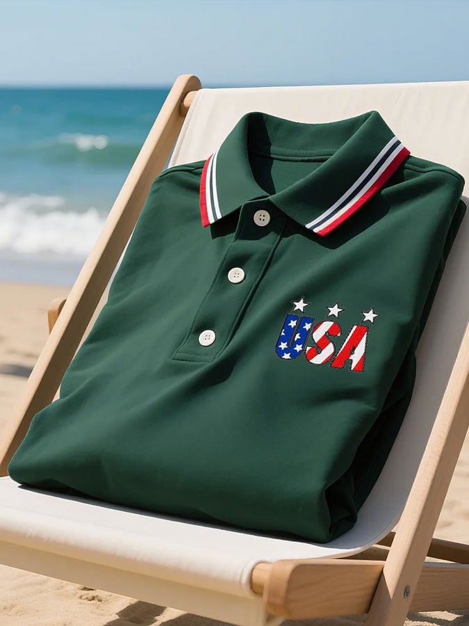 Camisa polo vintage American Flag estampado casual para hombre