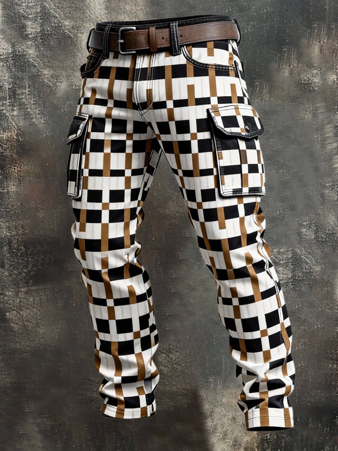 Pantalón retro en bloques de color desgastado bolsillo Cargo para hombre
