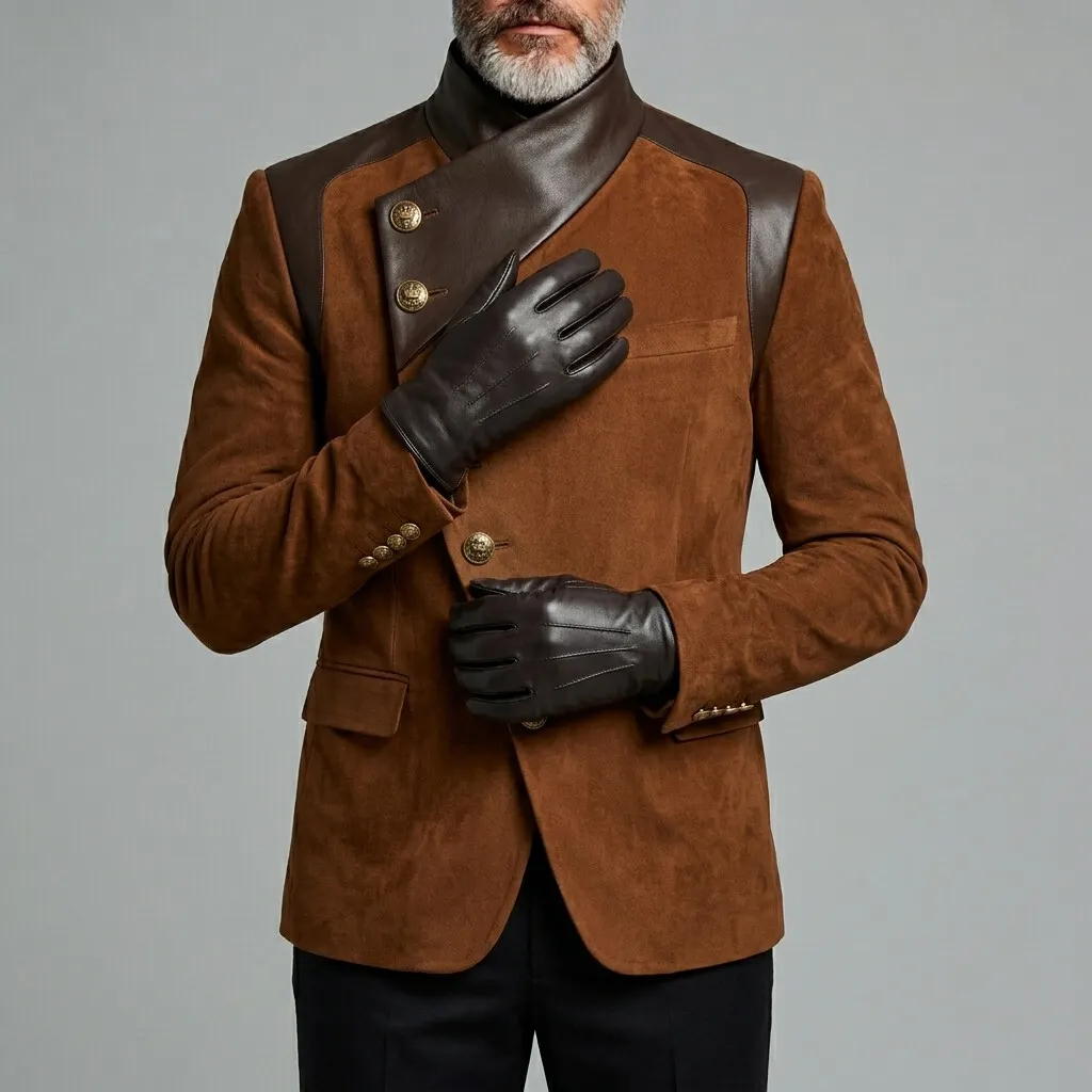 para hombre vintage Asymmetric Oblique Button PU Leather Contrast Spliced Suede Stand Collar de manga larga chaqueta