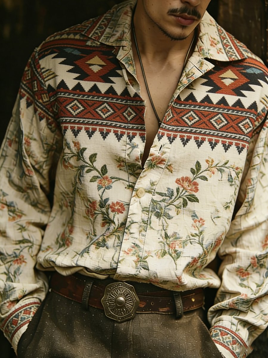 Camisa de lujo floral estampado de manga larga para hombre