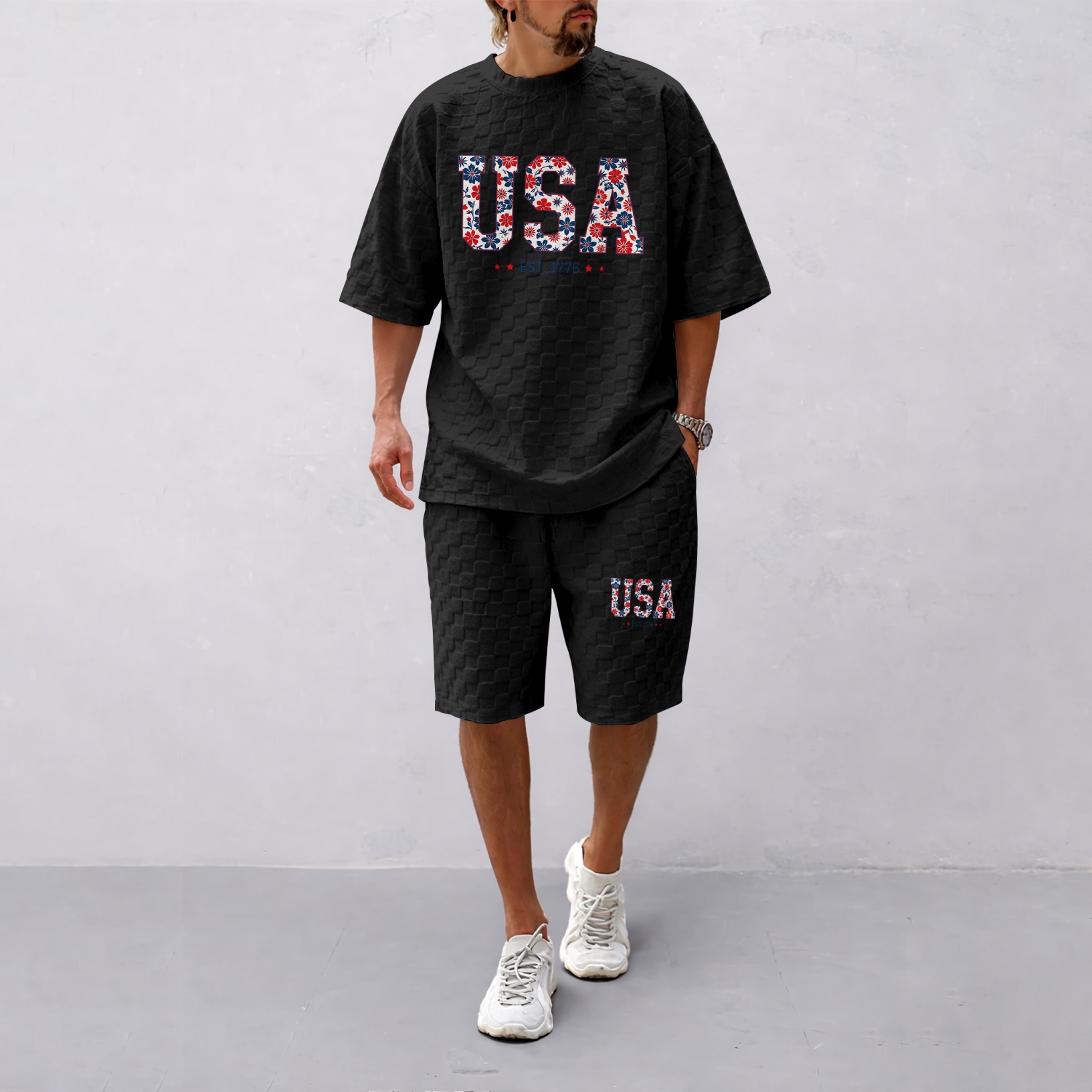 Camisa Spring/Summer USA-estampado a cuadros Drawstring shorts Set—A casual summer outfit featuring a de manga corta and shorts, ideal for both everyday wear and athletic activities para hombre