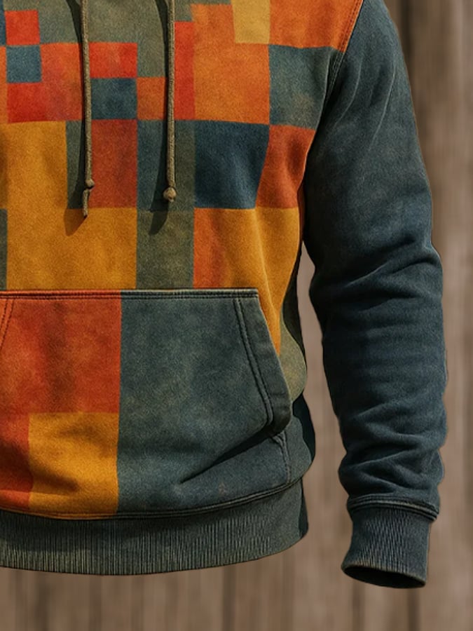 Sudadera retro desgastado en bloques de color estampado casual de manga larga para hombre