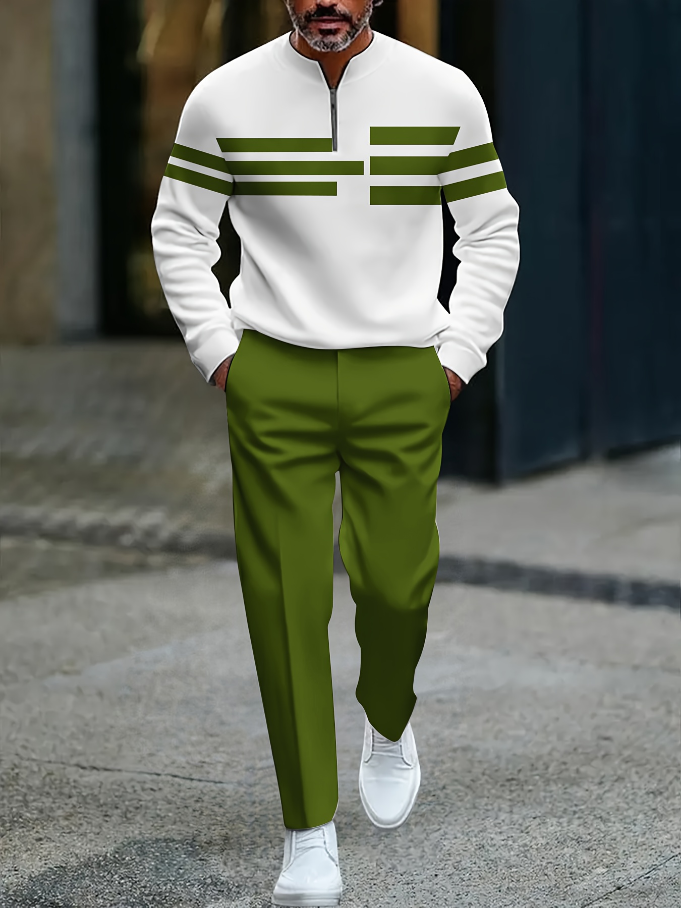 Conjunto de dos piezas casual Color Matching estampado Round-Neck Zipper de manga larga Trousers para hombre