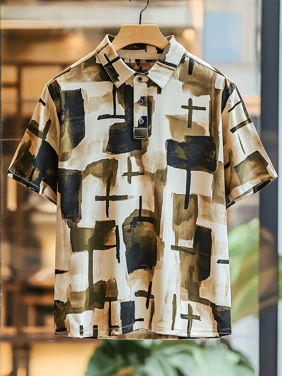 Camisa polo ejecutivo casual Cross estampado Button de manga corta para hombre