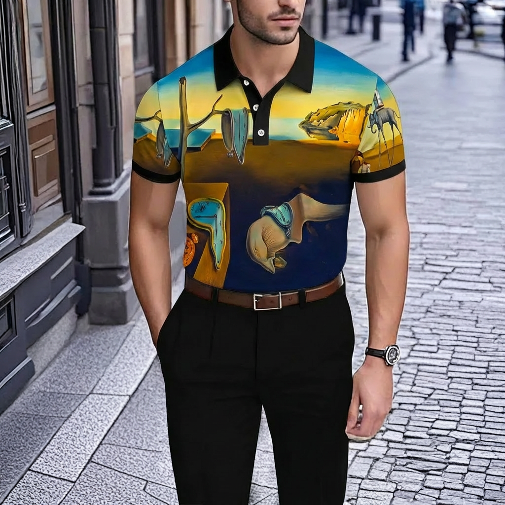 Camisa polo retro Blue Landscape estampado de manga corta para hombre