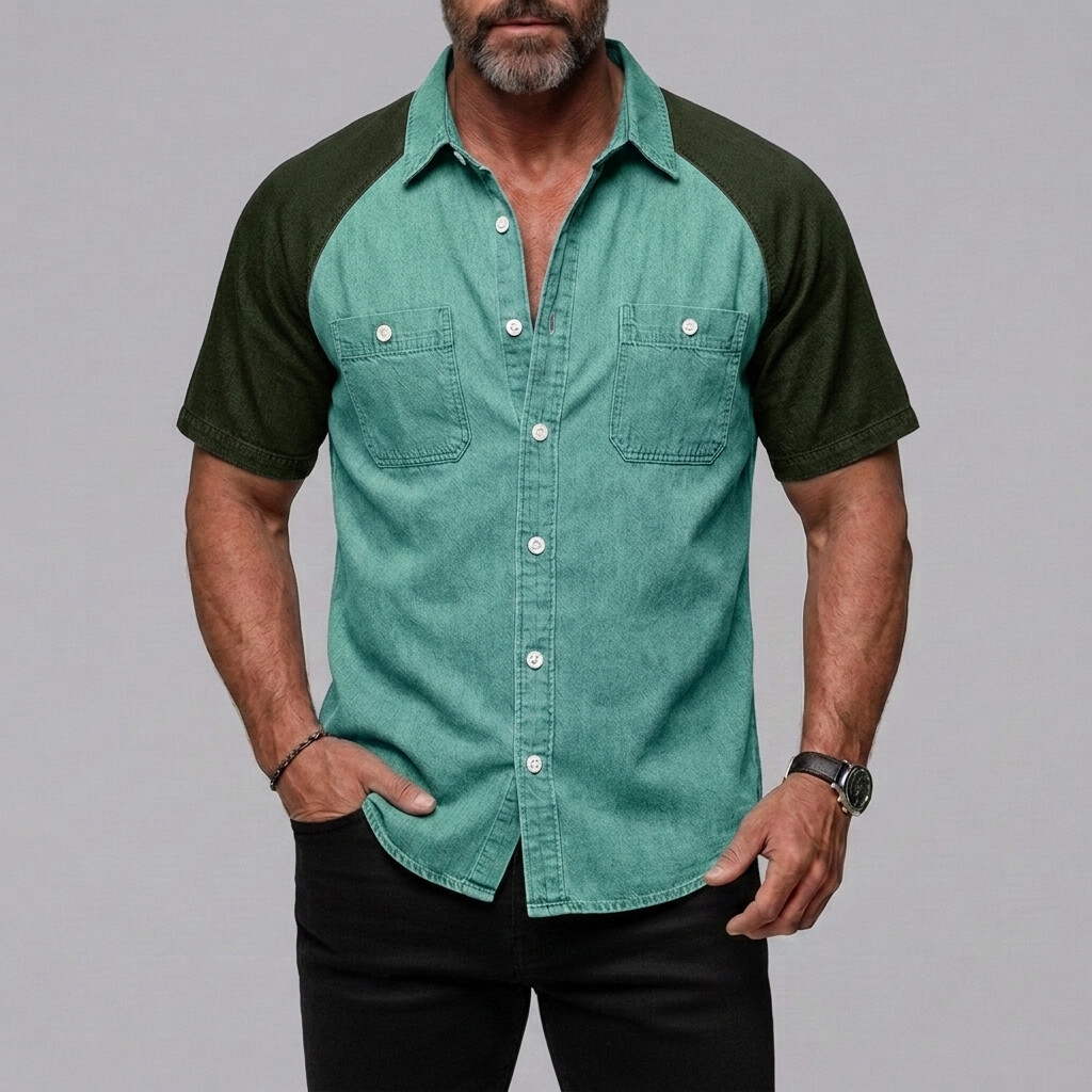 Camisa casual Patch Pockets Button-Up Colorblock Raglan Sleeve para hombre