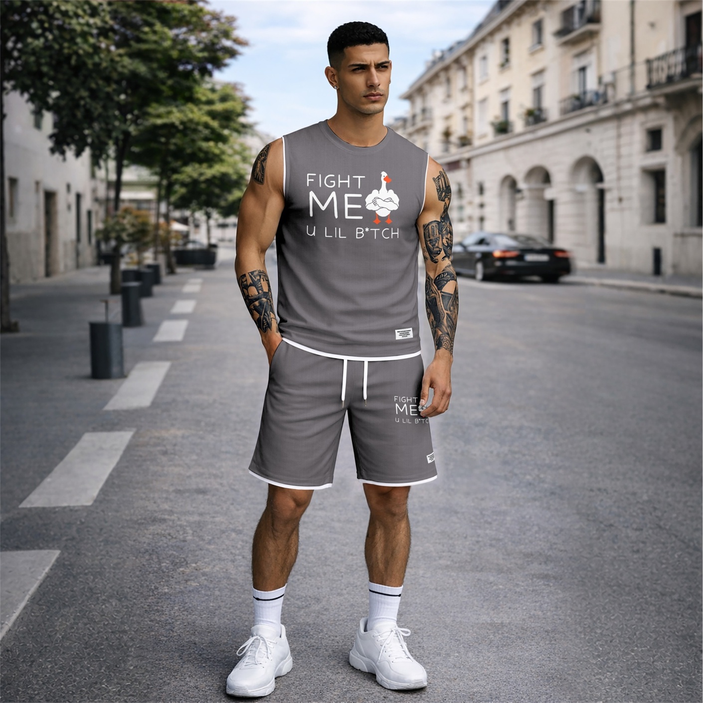 Shorts 2 Piece Graphic Set, Sleeveless Tank Top and casual shorts Outfit, Regular Fit Summer Clothing Set for Men, Streetwear Matching Set for Vacation Gym para uso diario Wear and para exterior Looks para hombre
