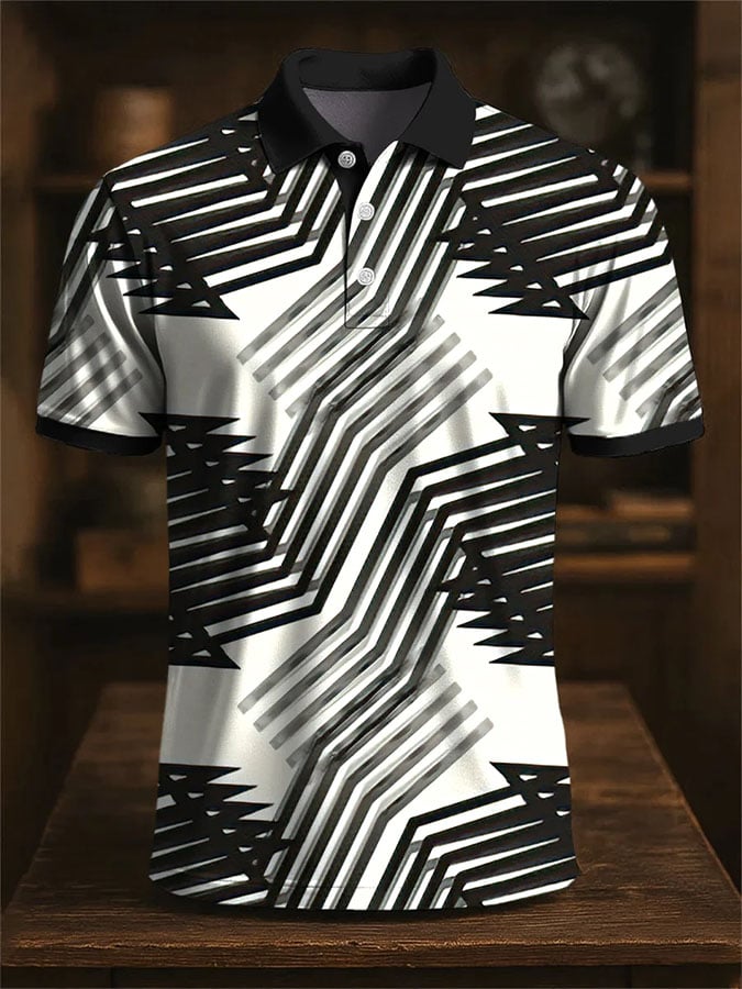 Camisa polo casual en bloques de color estampado de manga corta para hombre
