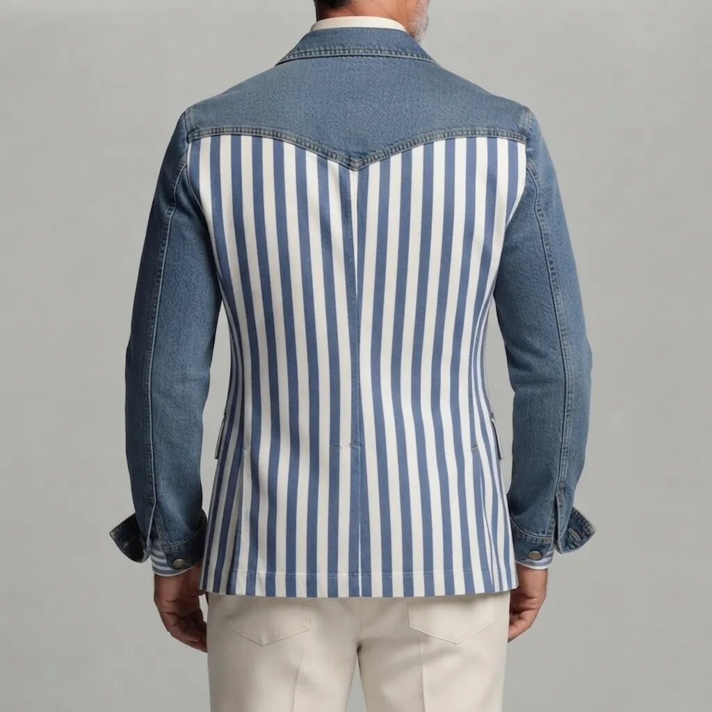 para hombre elegante Contrast a rayas Print Peak Lapel de corte entallado Denim sacos