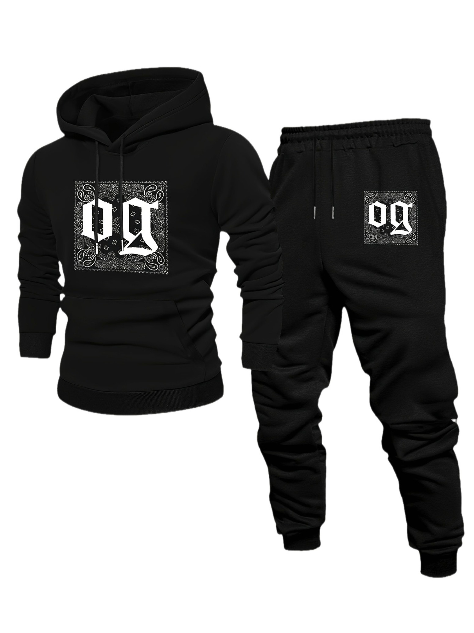para hombre casual Black Color Matching retro estampado sudadera con capuchas de manga largad Sweacamisetas & Sweatpantalón conjunto de dos piezas