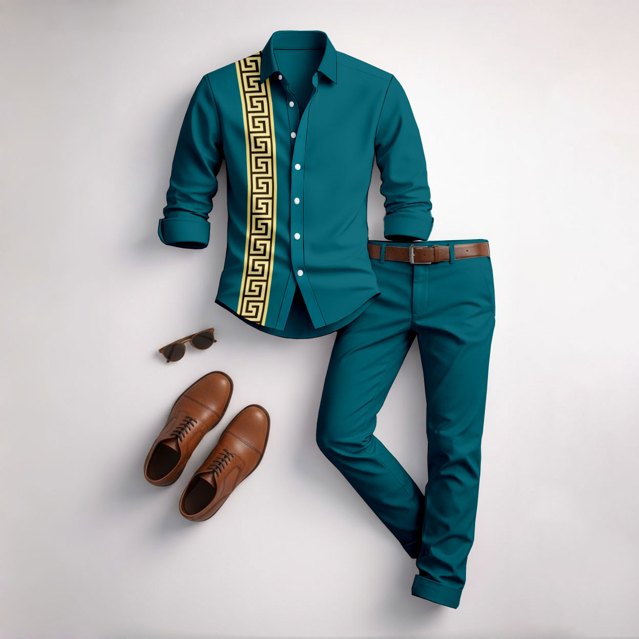 para hombre Green estampado de manga larga camisa and pantalón Set