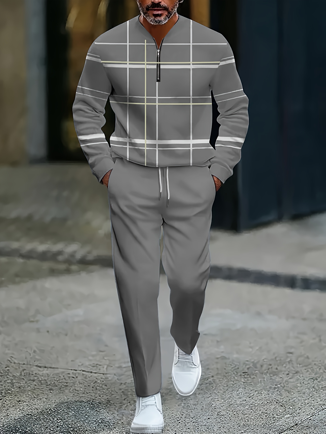 Conjunto de dos piezas casual Color Matching estampado Round-Neck Zipper de manga larga Trousers para hombre