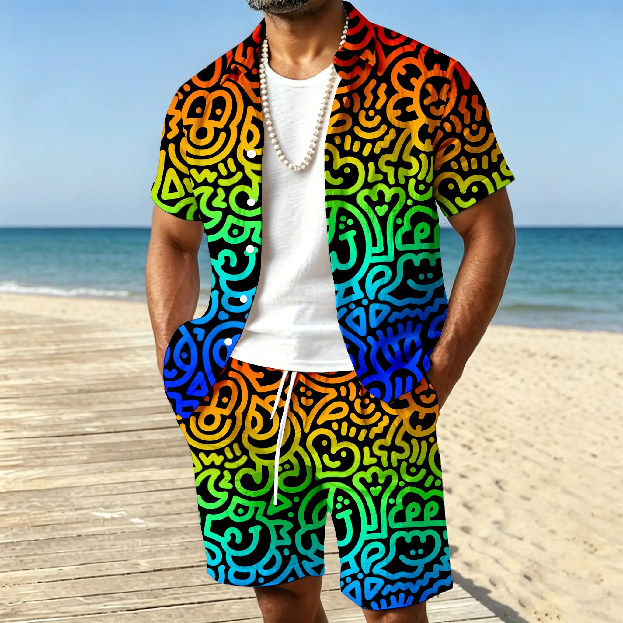 Conjunto de dos piezas casual Fluorescent Color de manga corta camisa And shorts para hombre