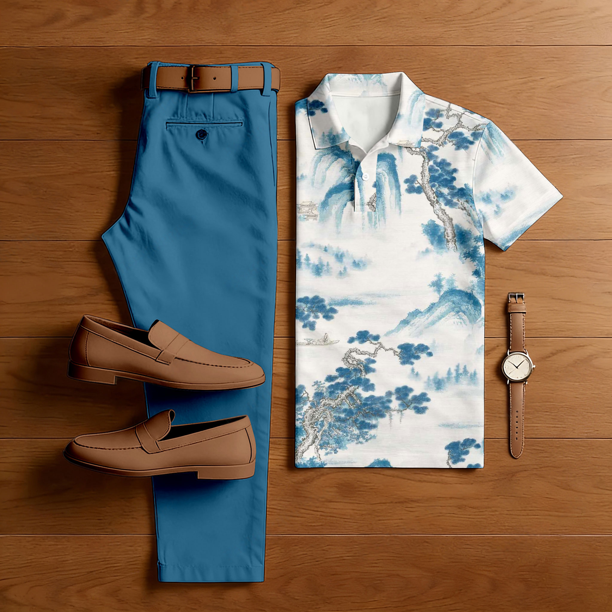 Conjunto de dos piezas casual White Trees estampado camisa polo And pantalón para hombre