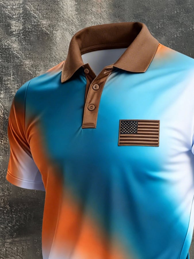 Retro Patriot en bloques de color Polo Collar de manga corta para hombre