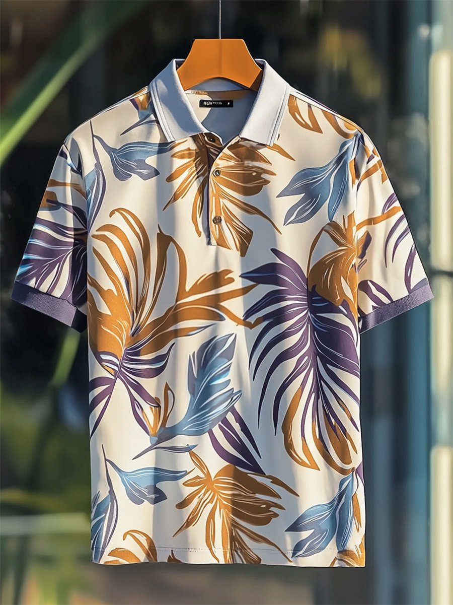 Camisa polo Resort floral estampado Button de manga corta para hombre