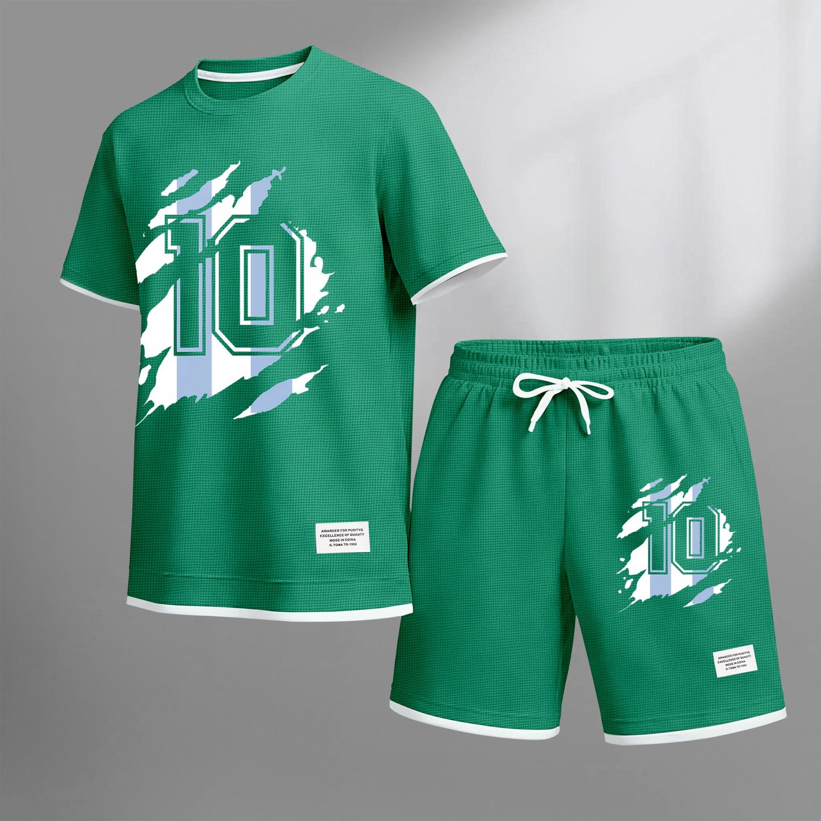 Camisa clásico number 10 estampado drawstring shorts set, suitable for spring and summer wear. This casual summer set includes a de manga corta and shorts, perfect for everyday wear and sports. para hombre