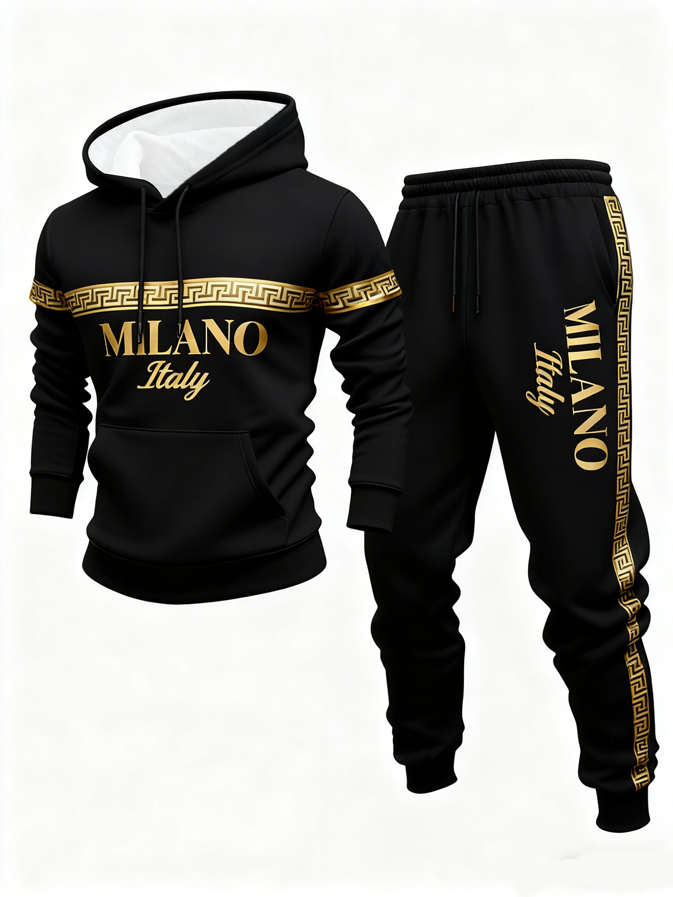 Conjunto de dos piezas casual Black & Gold Color Matching estampado sudadera con capuchas de manga larga sudaderas & Sweatpantalón para hombre