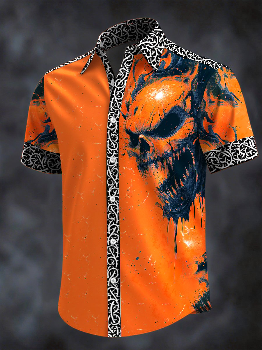 Camisa retro Horror Skull estampado solapa de manga corta para hombre