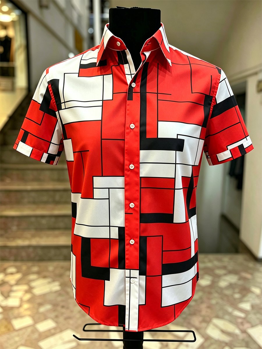 Camisa retro Bauhaus Geometric de manga corta para hombre