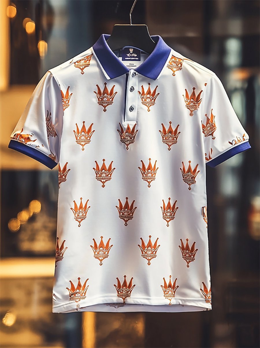 Camisa polo casual ejecutivo Crown estampado Button de manga corta para hombre