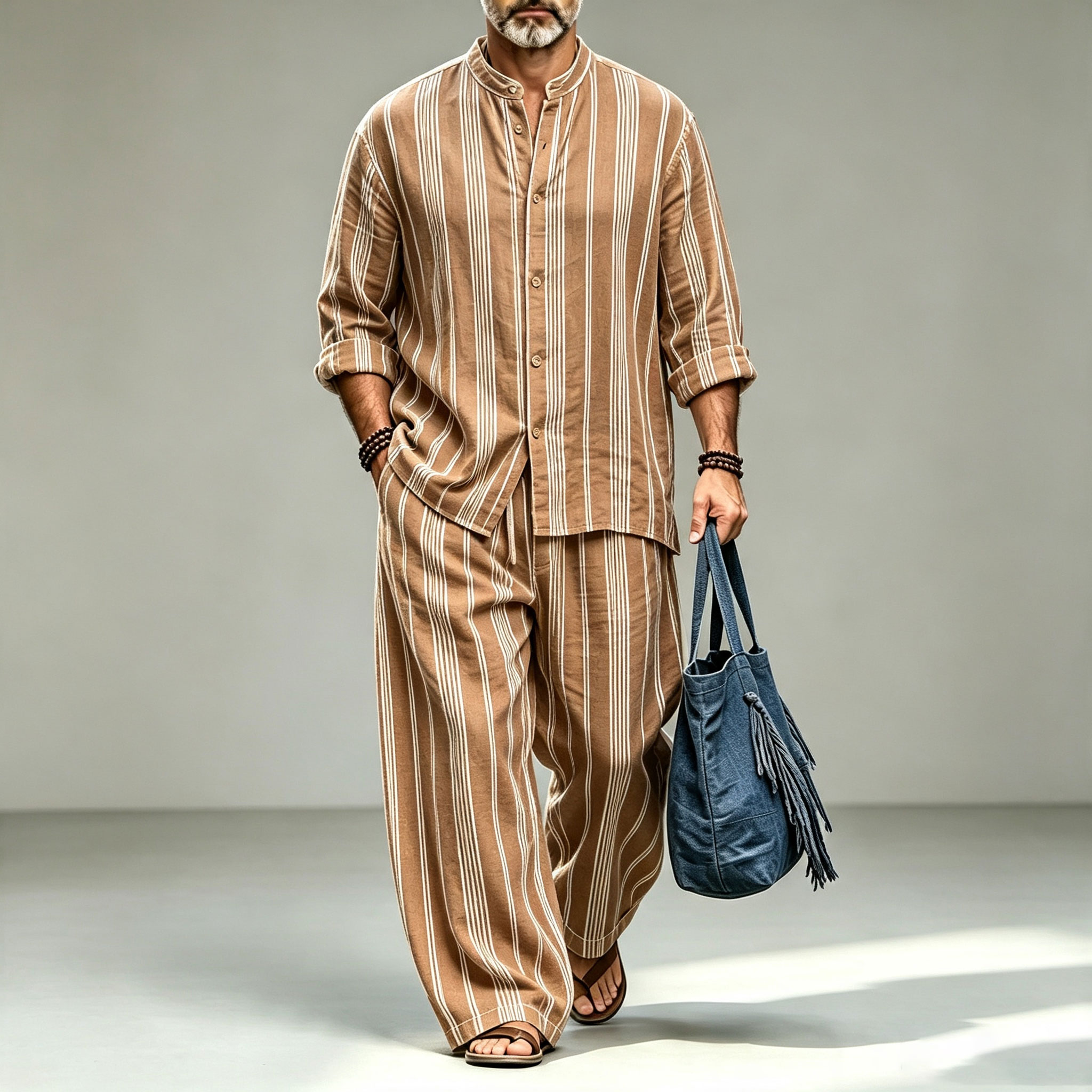 para hombre a rayas Print Stand-Collar de manga larga camisa and pantalón Set