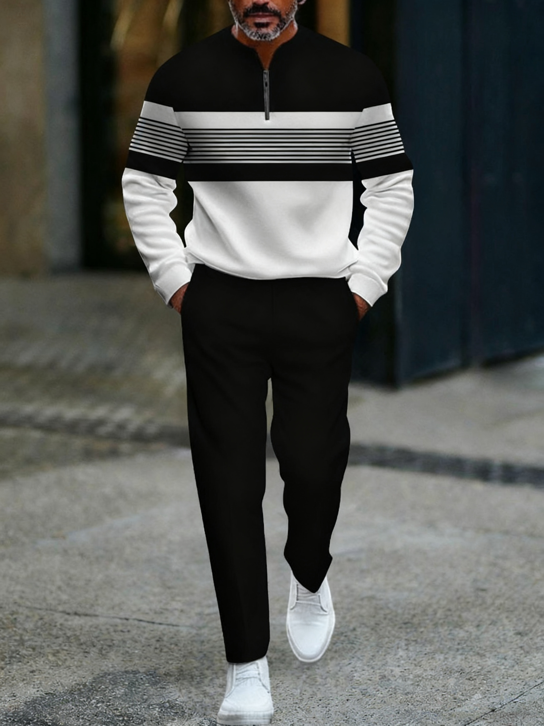 Conjunto de dos piezas de moda casual geometric estampado de manga larga zipper para hombre