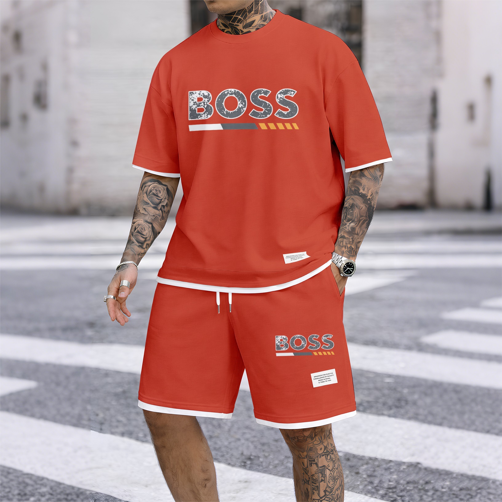 Camisa de lujo tejido tipo waffle de manga corta & shorts Set 13 para hombre