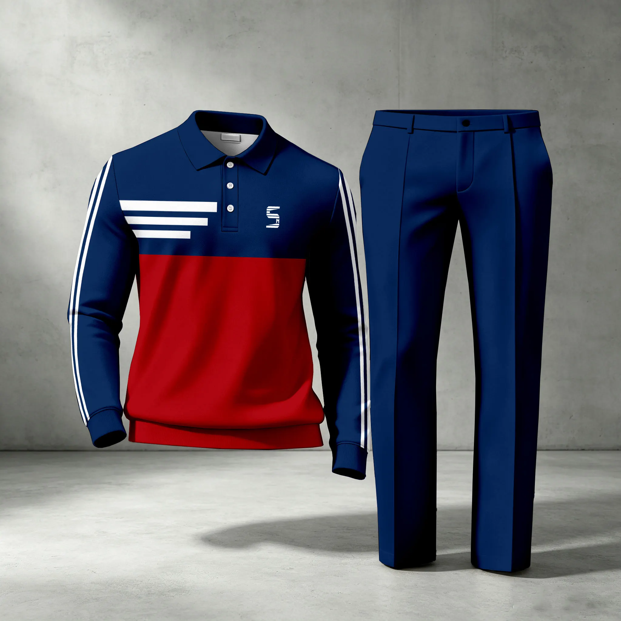 para hombre conjunto de dos piezas: Color-Blocked de manga larga camisa polo and pantalón