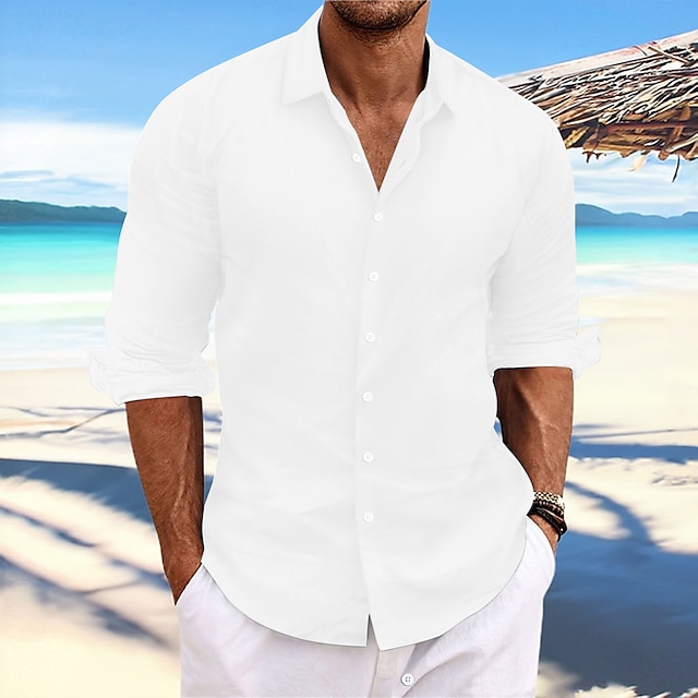 Camisa de lino Summer camisa Beach Wear casual camisa Button Up camisa Plain casual para uso diario Light Yellow White Pink Dark Navy de manga larga Spring & Summer Clothing Apparel para hombre