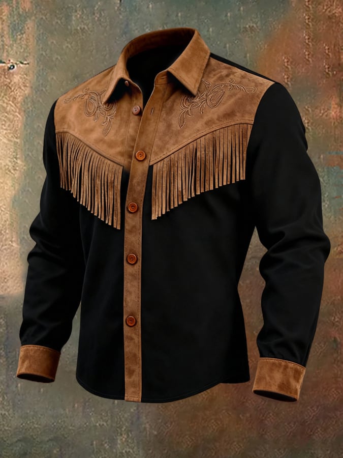 Camisa vintage Patchpara trabajo Color-Block gamuza de manga larga With Tassels para hombre
