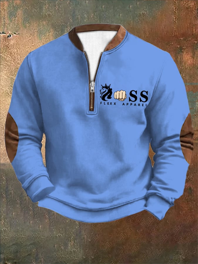 Sudadera retro Letter Design estampado cierre cuello para hombre