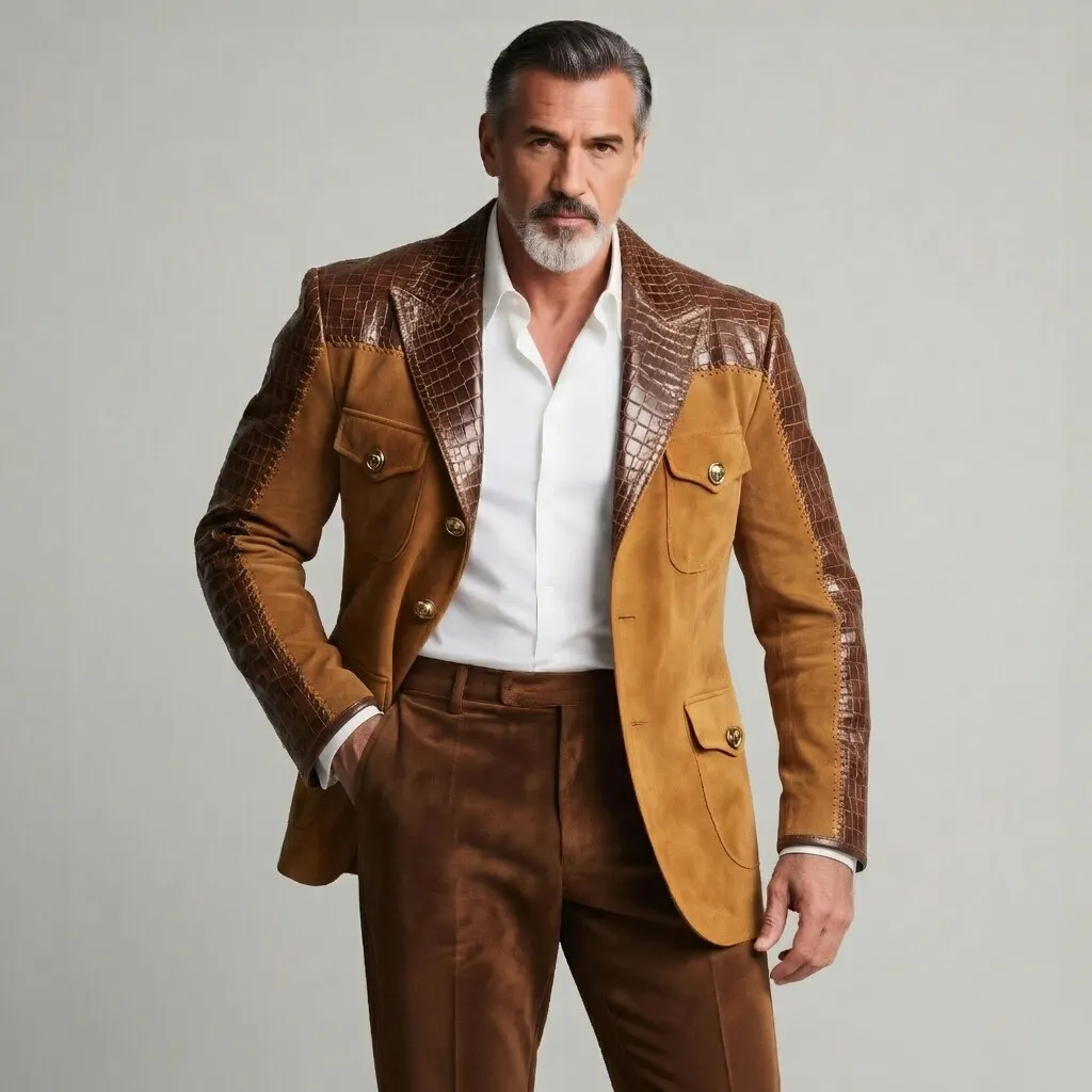 para hombre Brown Suede Patchwork PU Leather Peak Lapel Single Pockets Breasted de corte entallado saco