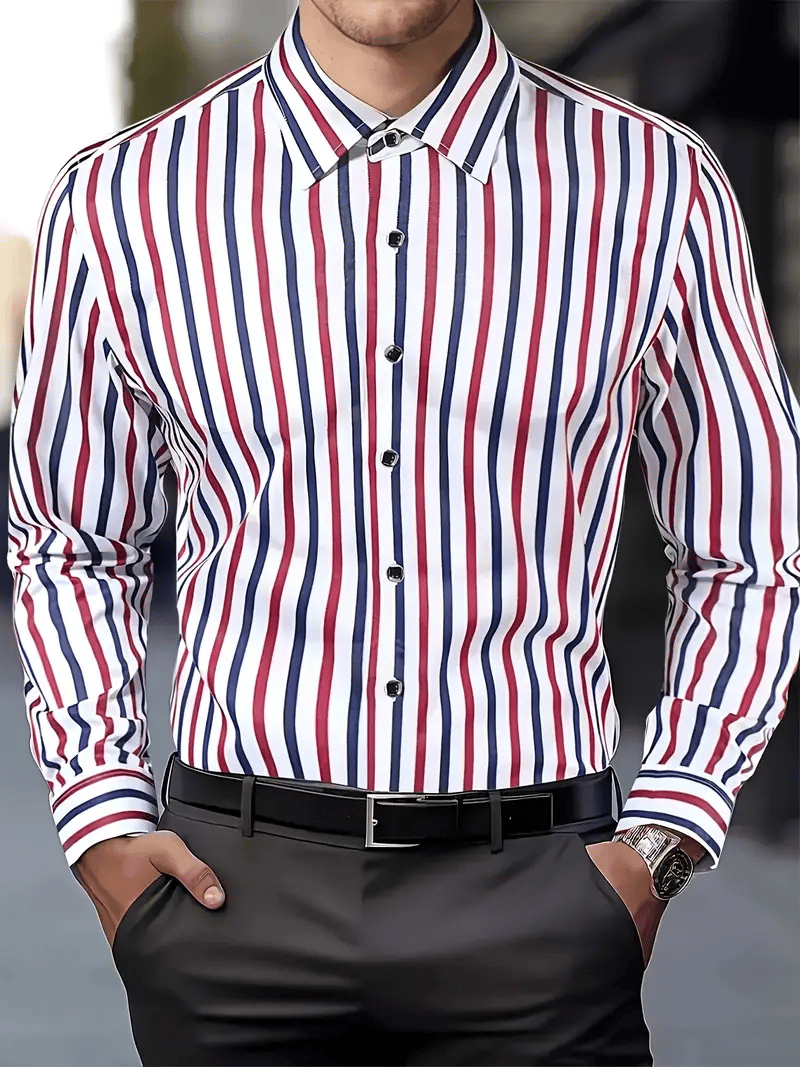 Camisa casual a rayas de manga larga solapa para hombre