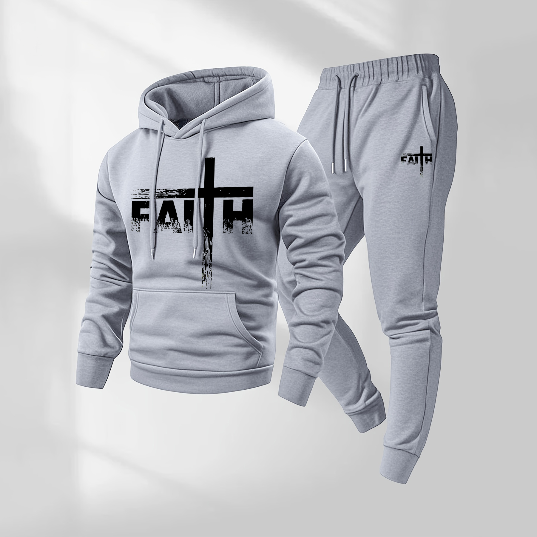 Sudadera con capucha Faith Letter Pattern estampado and Drawstring Sweatpantalón Set, Menswear, casual Athletic de manga larga Hooded chaqueta & Trousers for Fall & Winter, Clothing for para uso diario Wear, Sportswear Indoor para exterior, Tracksuit, Athleisure para hombre