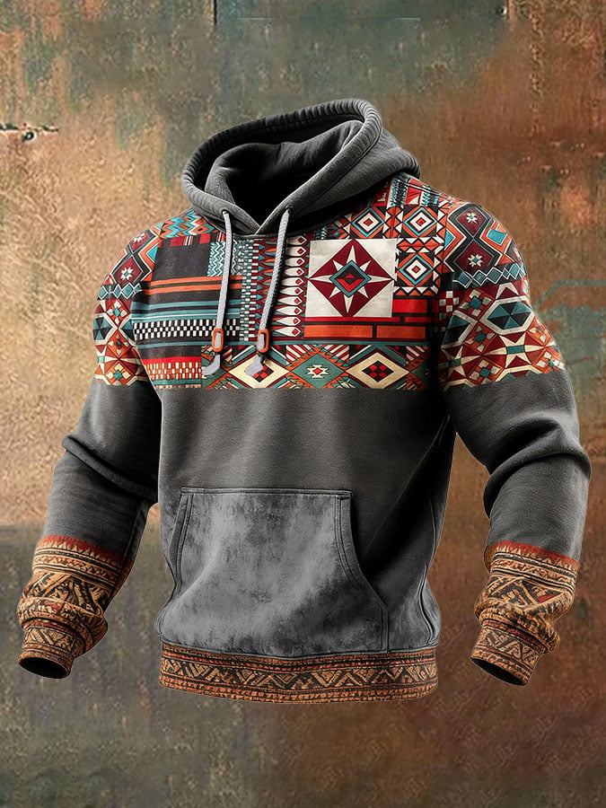 Sudadera casual retro a cuadros estampado de manga larga Hooded para hombre