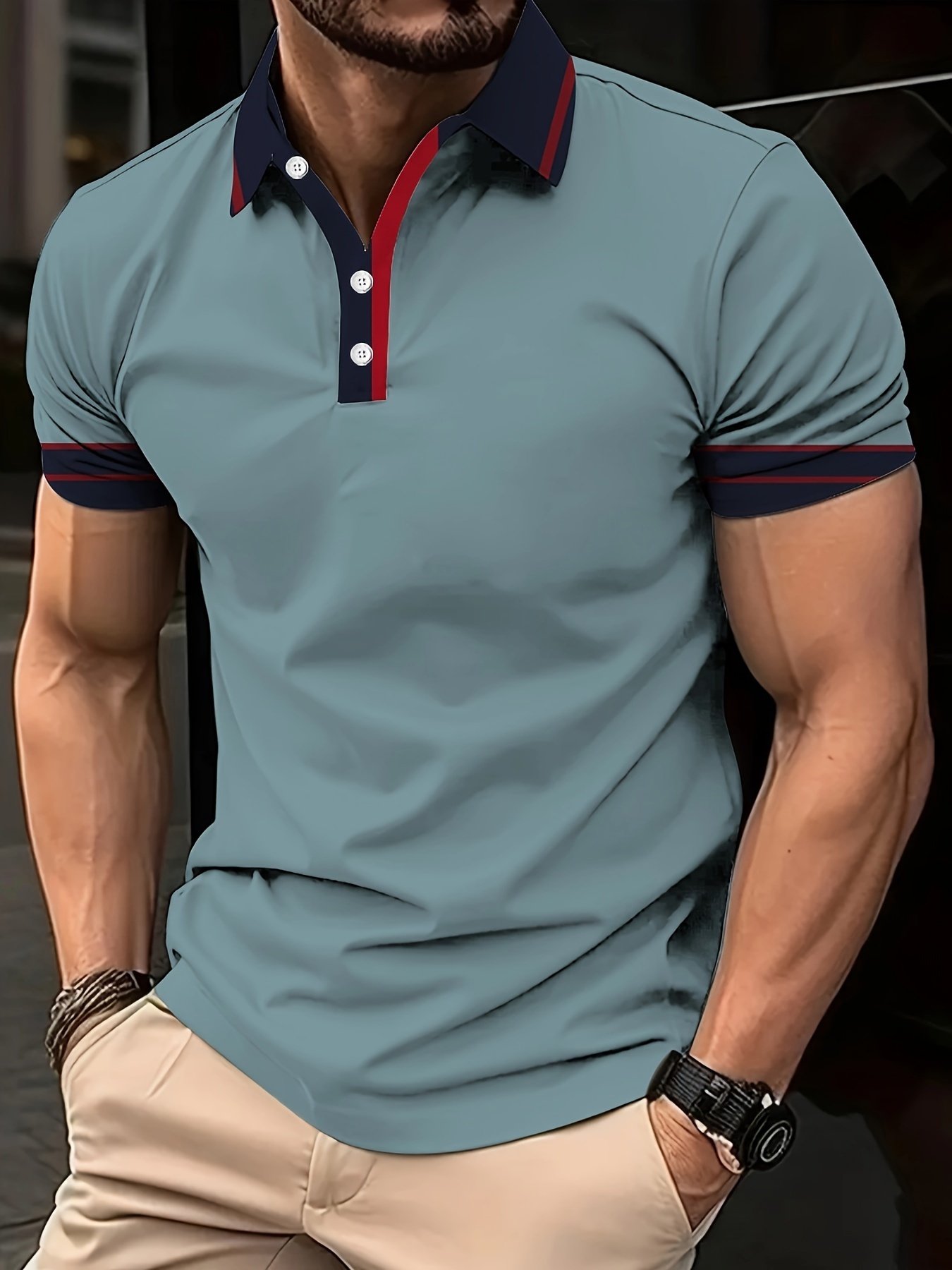 Camisa polo ejecutivo casual a rayas Button de manga corta para hombre