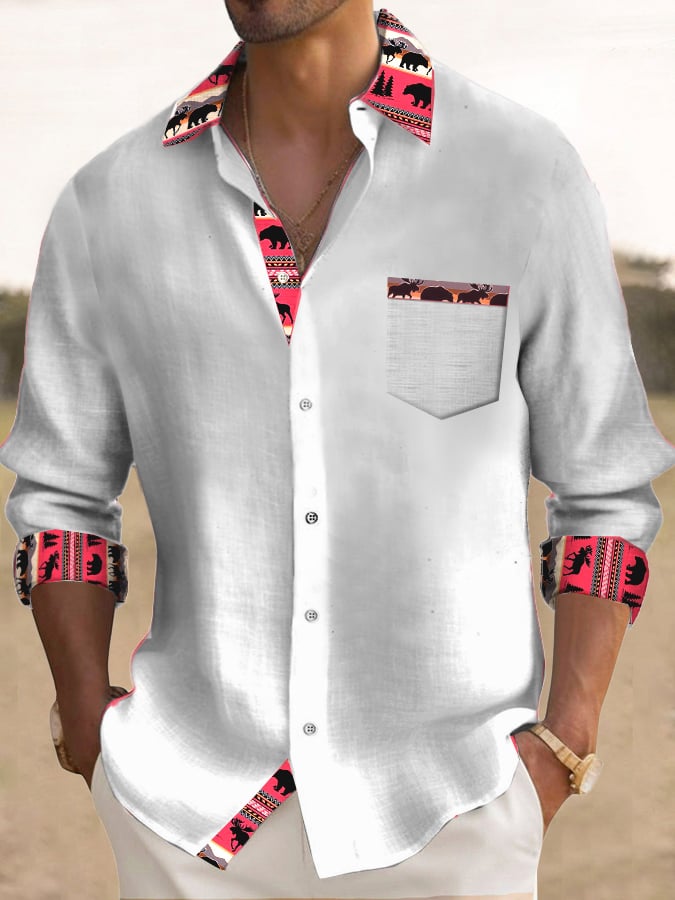 Camisa casual de moda estampado Contrast Color de manga larga para hombre