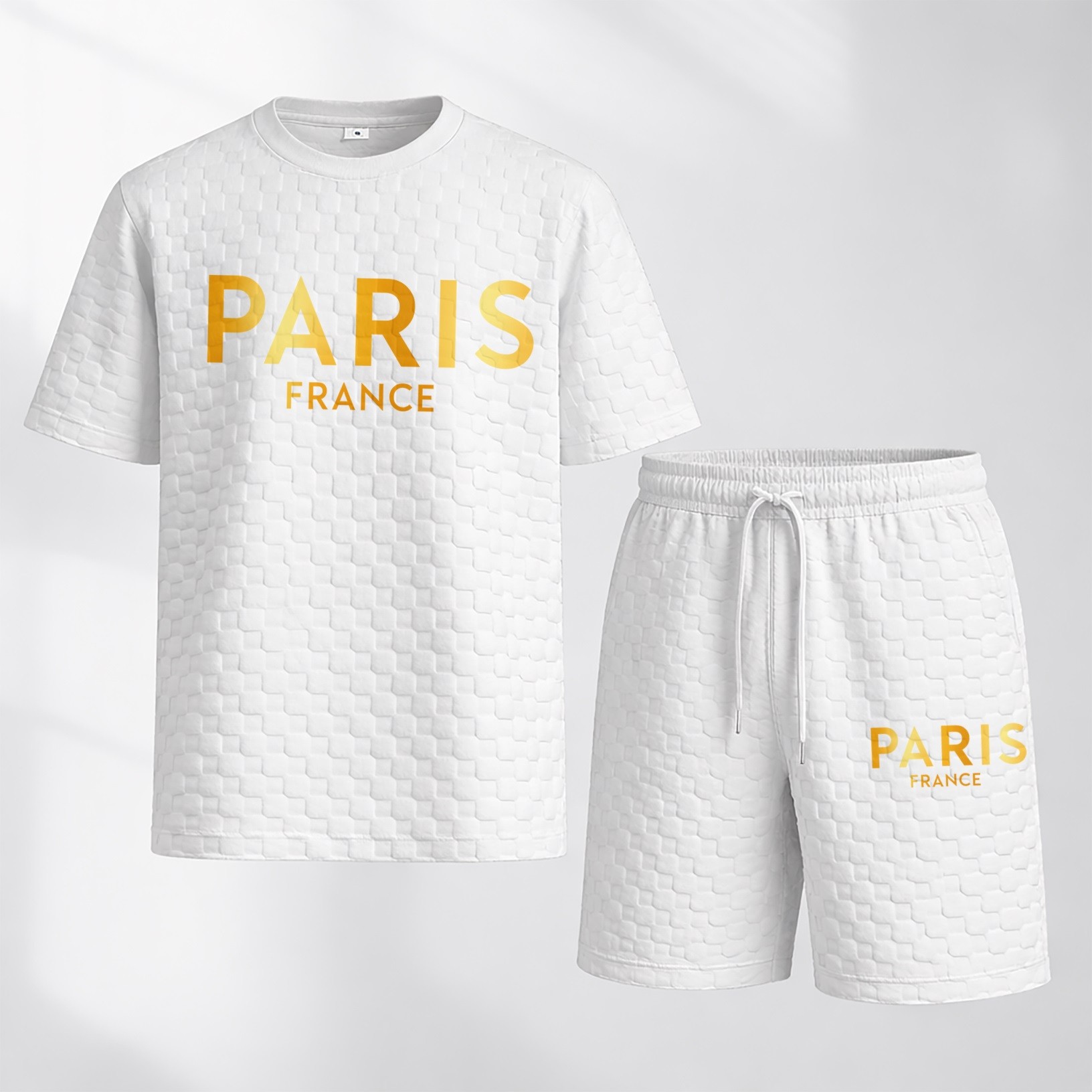 Camisa Spring/Summer Drawstring shorts Set featuring Paris Letter estampado and a cuadros Fabric—a casual summer ensemble comprising a de manga corta and shorts, ideal for both everyday wear and athletic activities. para hombre