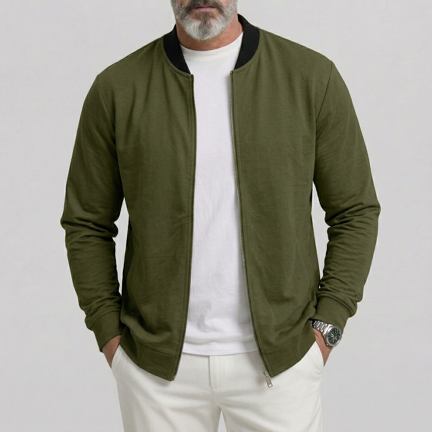 Chaqueta de color sólido Baseball Collar Utility Pocket de corte entallado casual Zipper para hombre