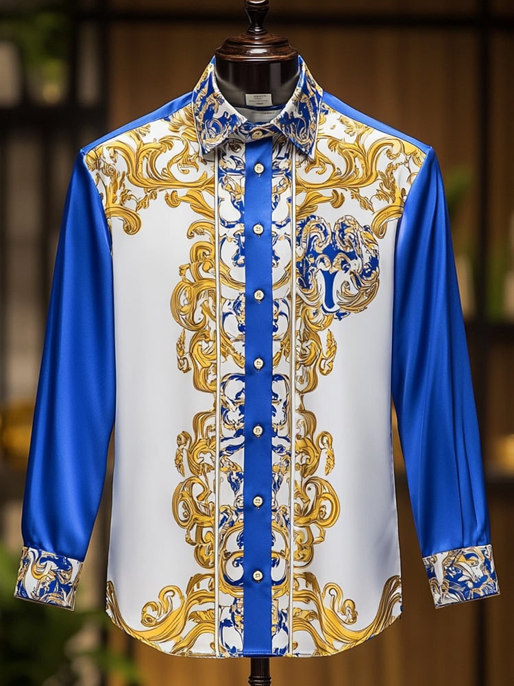 Camisa ejecutivo de lujo Blue and Yellow floral de manga larga para hombre