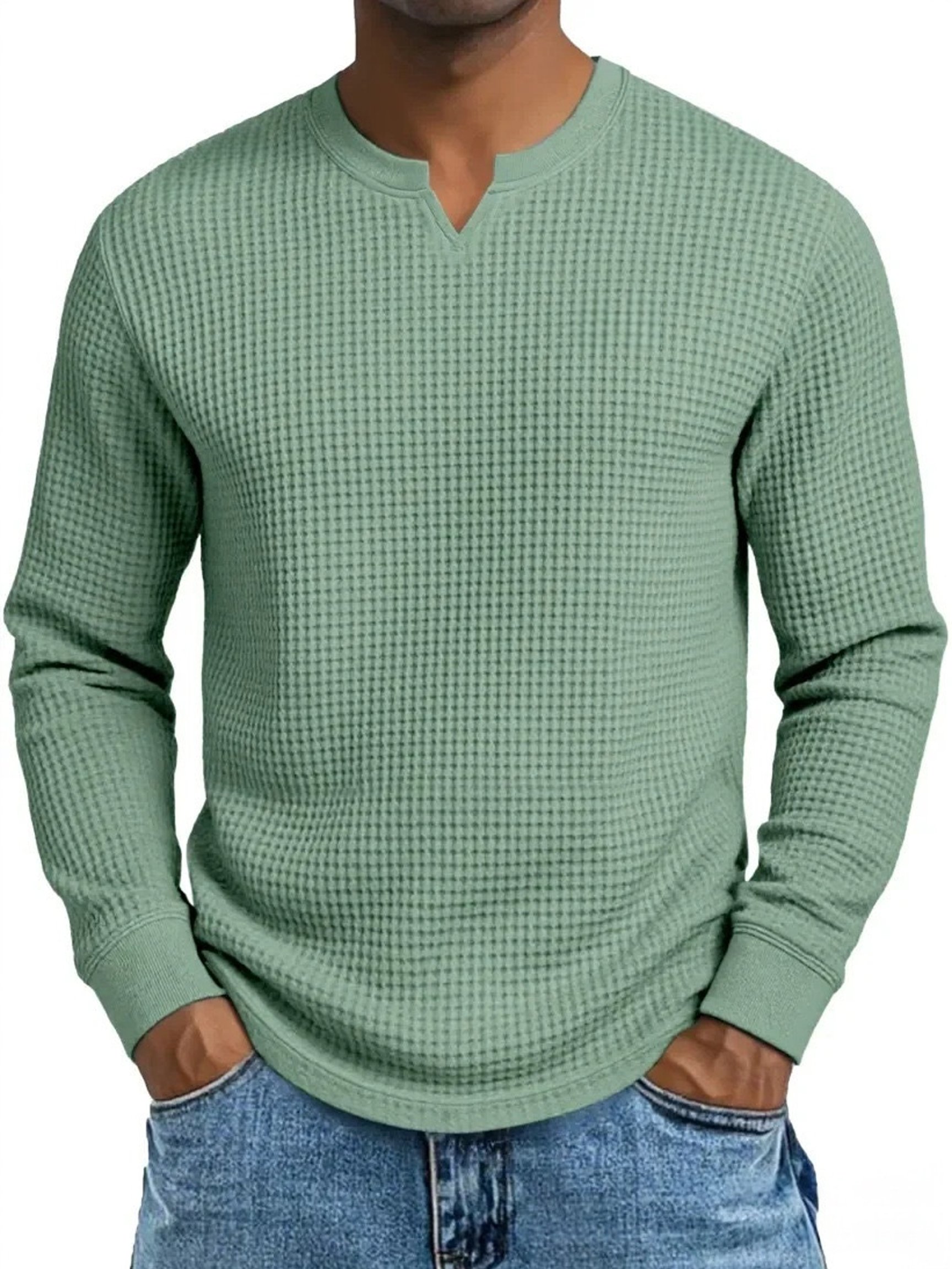 Camiseta vintage tejido tipo waffle V-Neck de manga larga para hombre