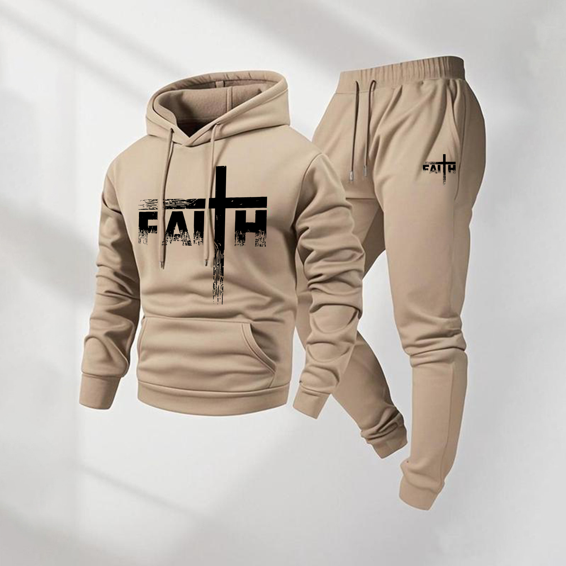 Sudadera con capucha Faith Letter Pattern estampado and Drawstring Sweatpantalón Set, Menswear, casual Athletic de manga larga Hooded chaqueta & Trousers for Fall & Winter, Clothing for para uso diario Wear, Sportswear Indoor para exterior, Tracksuit, Athleisure para hombre
