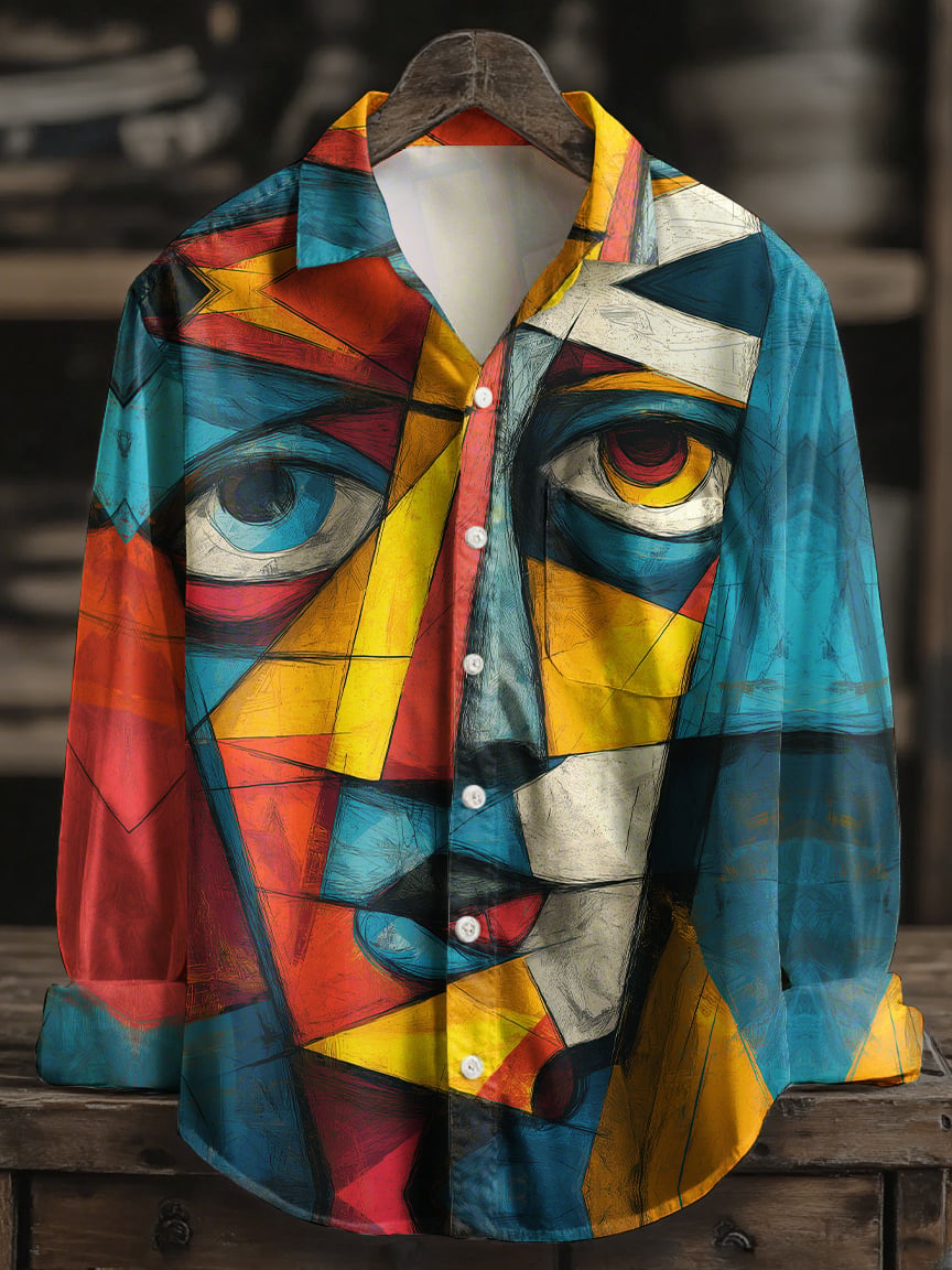 Camisa hawaiano Abstract Face Art casual geométrico Art de manga larga para hombre