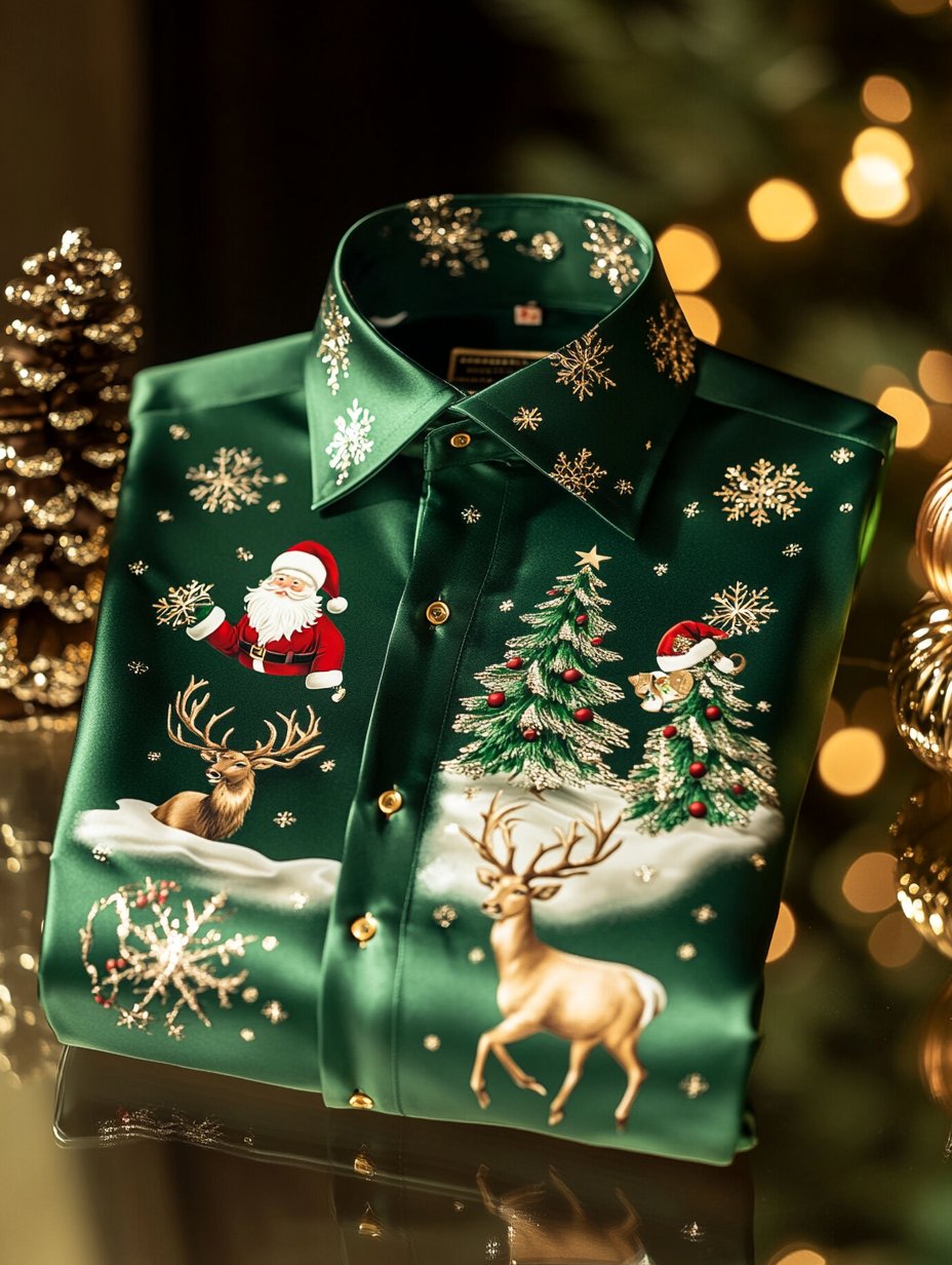 Camisa Christmas satén Luxe de manga larga con botones para hombre