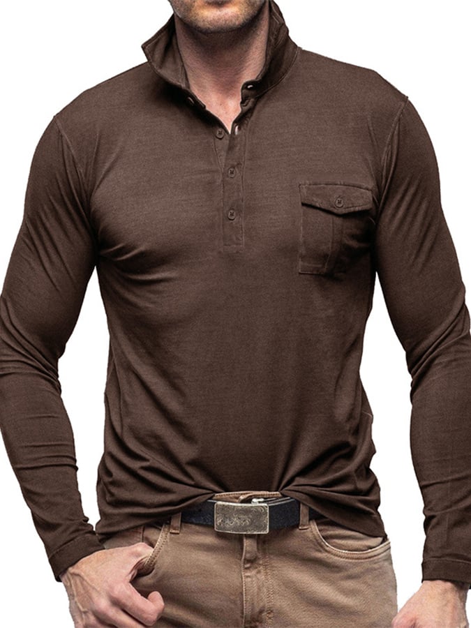 Camisa polo de color sólido de manga larga bolsillo para hombre