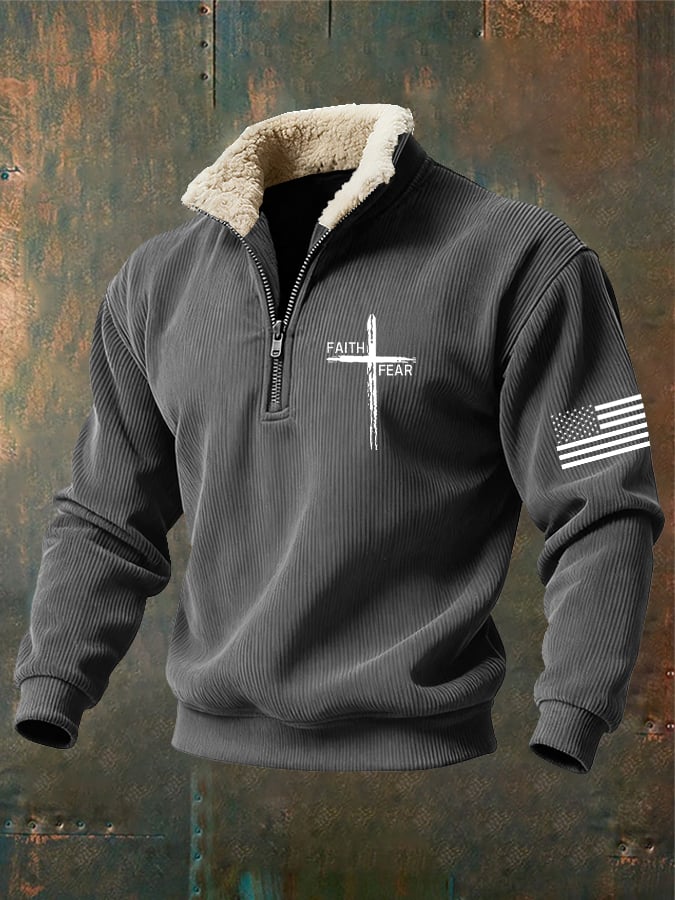 Sudadera retro Faith Cross estampado cierre Fur cuello de manga larga para hombre