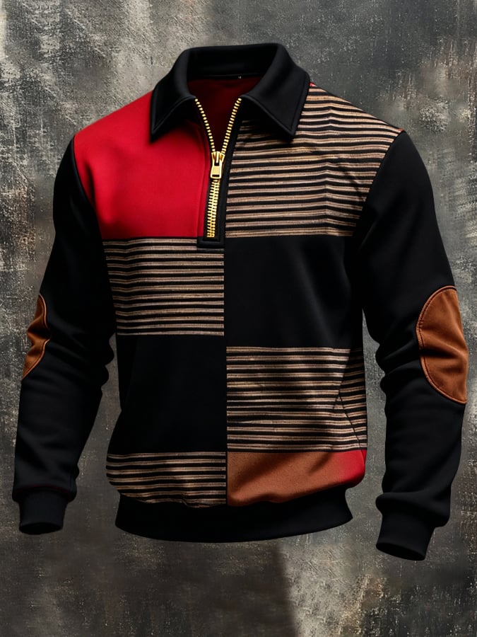Sudadera vintage Color-Block estampado con cierre para hombre