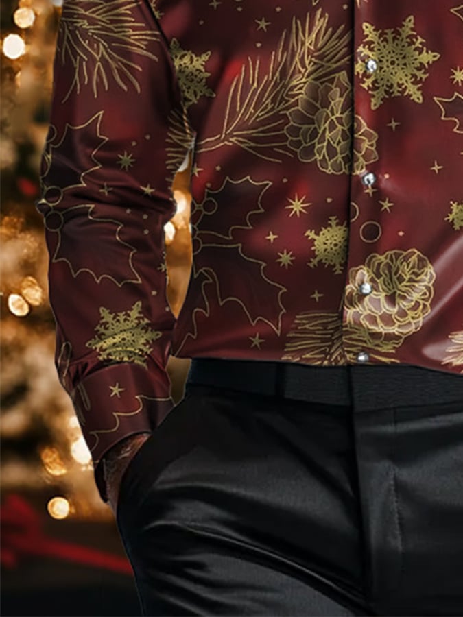 Camisa de lujo Christmas Contrast Color estampado de manga larga para hombre